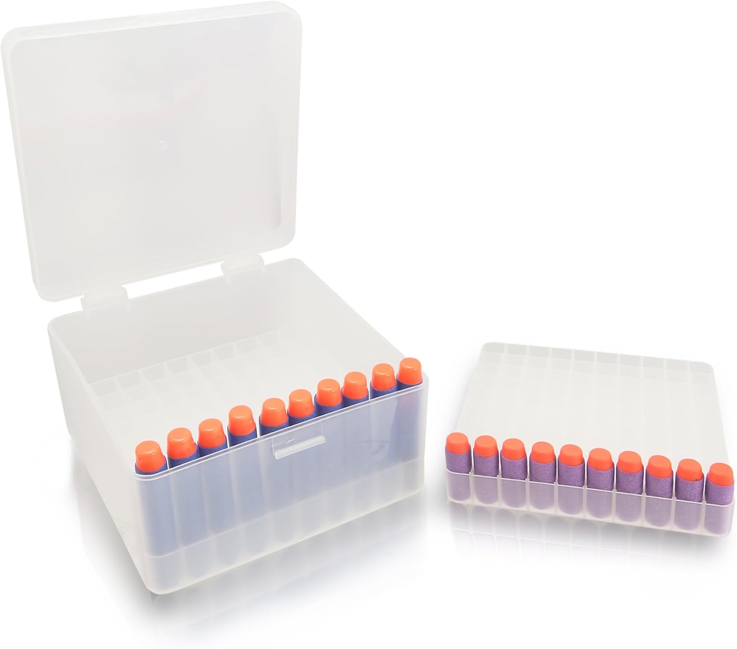 Caja de almacenamiento de dardos de espuma, estuche portátil de plástico compatible con balas Nerf Elite Series y dardo corto (1 caja+2 bandejas)