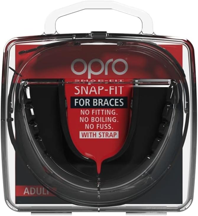 OPRO Protector bucal deportivo de nivel instantáneo para adultos y jóvenes con correa, protector bucal para hockey, lacrosse, rugby, artes marciales