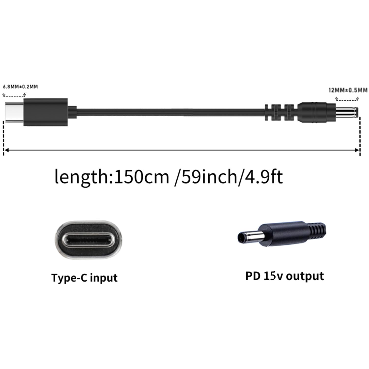 ISLOPU Cable de alimentación USB C a CC de 0.217 in x 0.083 in, entrada USB tipo C a CC cable de carga de salida de 15 V, funciona con cargador PD y