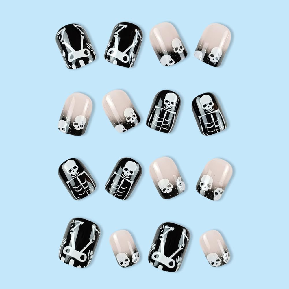 Uñas postizas negras de Halloween, uñas cortas cuadradas a presión, uñas postizas de calavera de cobertura completa, uñas acrílicas artificiales con