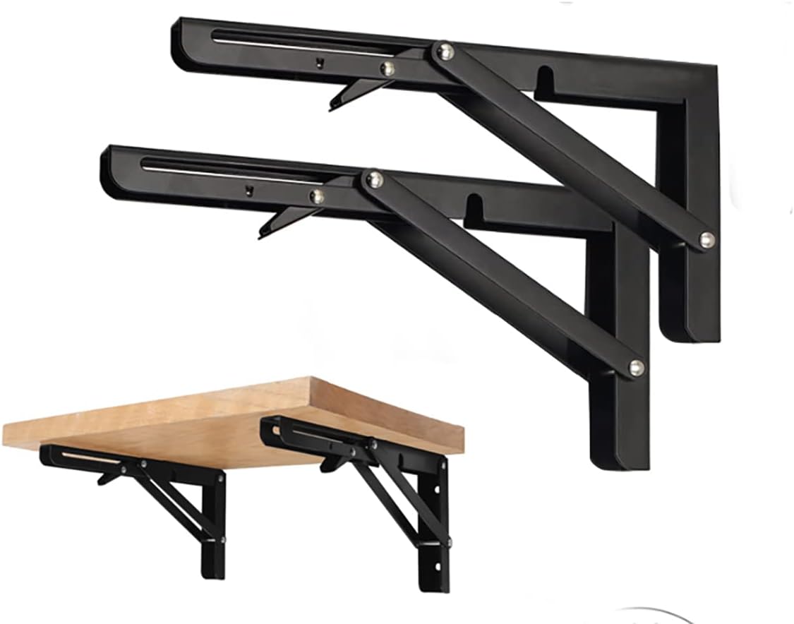 Soportes de estante plegables negros con carga máxima de 220 libras, soporte de estante montado en la pared de alta resistencia, ahorro de espacio