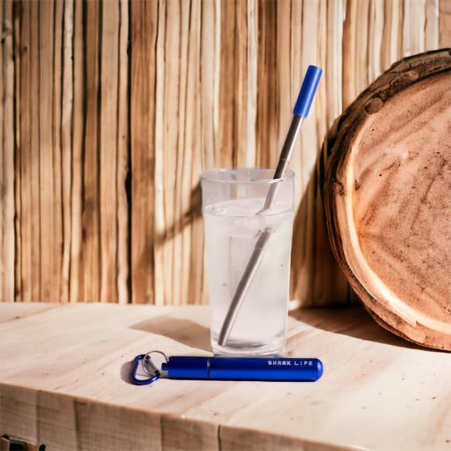 SharkLife – Pajita telescópica de viaje reutilizable con estuche, un cepillo de limpieza y boquilla de silicona suave, popote de acero inoxidable,