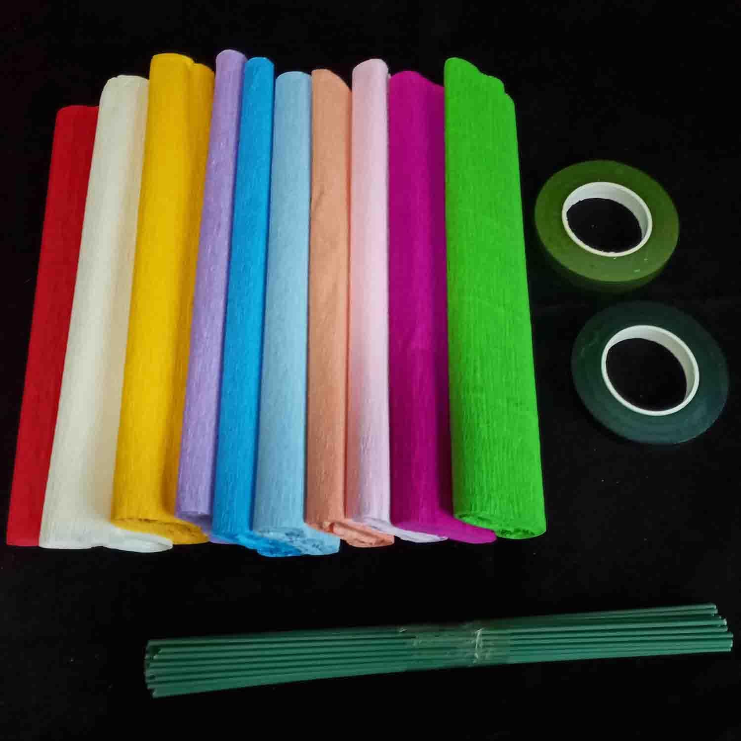 KYMY Papel crepé, rollos de papel crepé, kits de bricolaje de flores con cables de hierro y cinta, serpentina de papel crepé para cumpleaños, bodas,