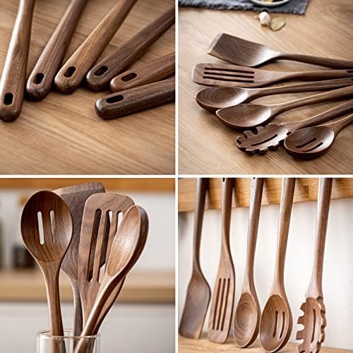Gudamaye Cucharas de madera de nogal negro de 12 pulgadas para cocinar, 6 cucharas largas de madera Handel, utensilio de madera de nogal negro