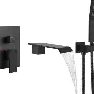Grifo de bañera en cascada con ducha de mano, negro mate, relleno de bañera con boquilla de cascada, juego de grifo de ducha de una sola manija con Grifo de bañera en cascada con ducha de mano, negro mate, relleno de bañera con boquilla de cascada, juego de grifo de ducha de una sola manija con