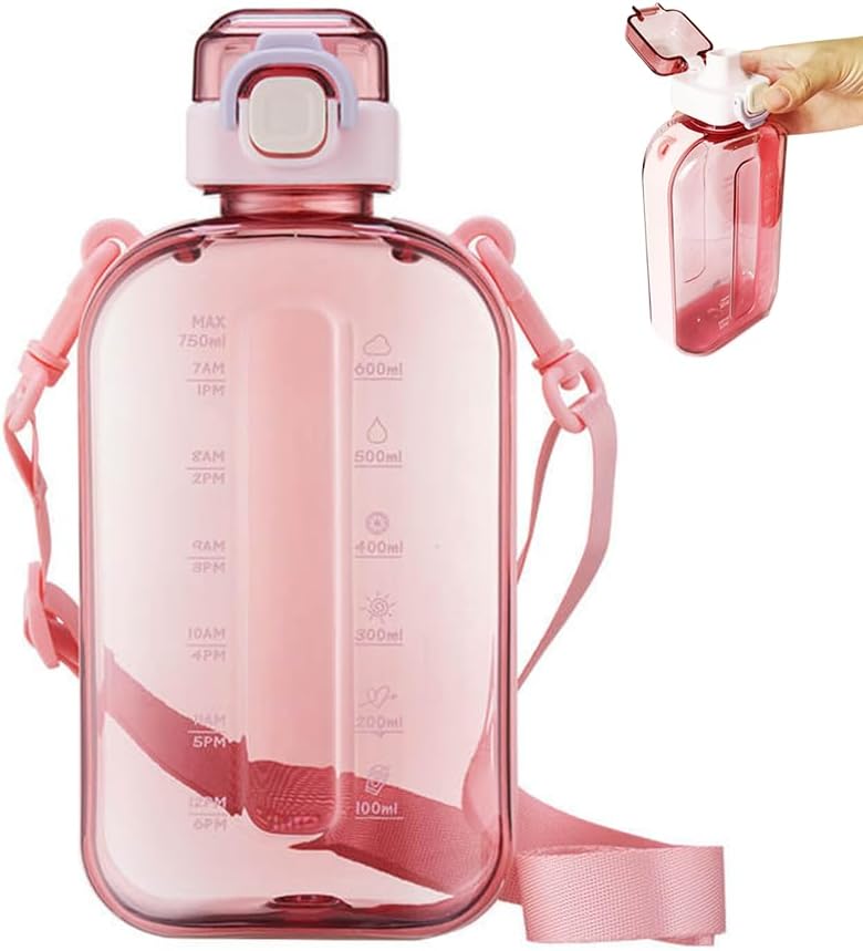 Botella de agua plana transparente de 24 onzas, con correa de transporte desmontable y ajustable y tapa abatible, para el trabajo, viajes, escuela y