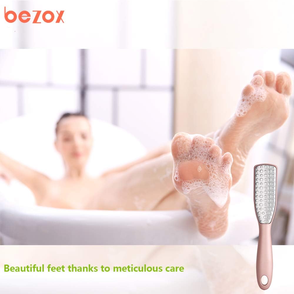 BEZOX Lima de pie, raspador de pies de doble cara, removedor de callos de pedicura de acero inoxidable con bolsa de almacenamiento de tela y caja de
