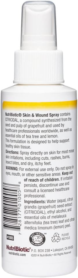 NutriBiotic Spray para piel y heridas con GSE, 4 onzas líquidas, extracto de semilla de pomelo más aceites esenciales de árbol de té y limón, ayuda