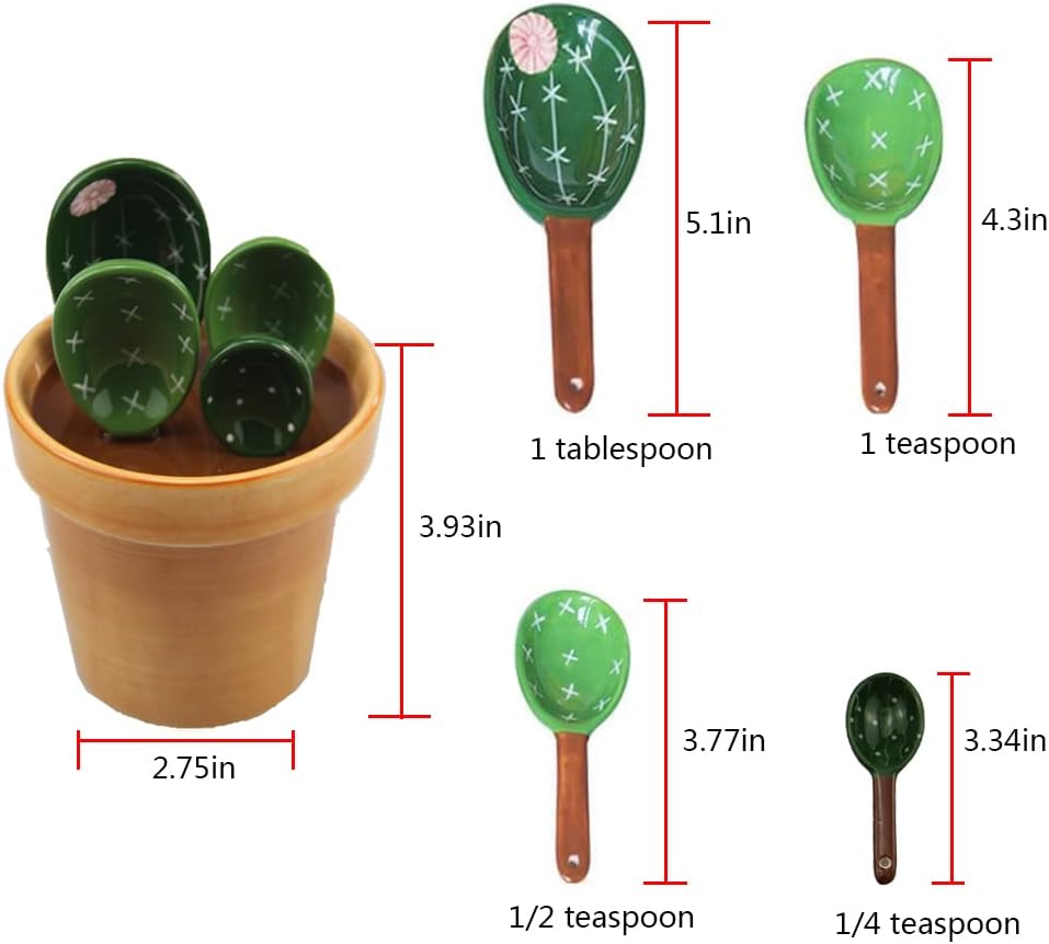 Juego de cucharas medidoras de cactus en maceta, juego de cucharas medidoras con base, cucharas medidoras de cactus de cerámica para hornear, sal,