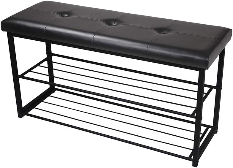 ARDOUR VAN – Banco de zapatos de entrada de 3 niveles negro con asiento acolchado de piel sintética para 8 pares, organizador tapizado de