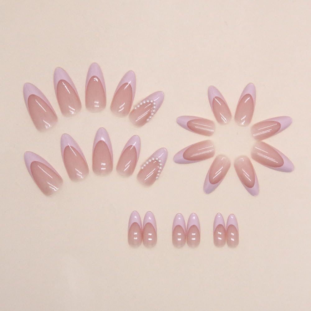 Juego de 24 uñas postizas a presión color nude de almendra, tamaño mediano, kawaii, lindas uñas postizas a presión, color rosa, francesas, cobertura