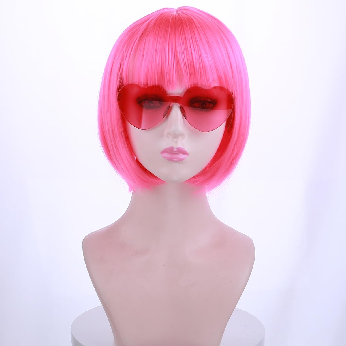 MAGQOO Peluca rosa intenso y gafas de sol para fiesta, pelucas de color rosa intenso para mujer, peluca corta y recta rosa intenso con flequillo,