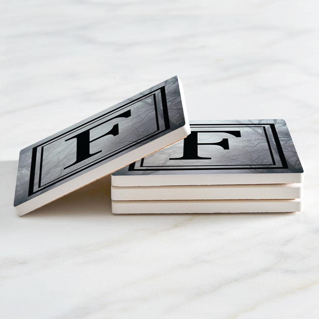 F – Letras de árbol gótico, decoración del hogar Joyride, 4 posavasos de cerámica, posavasos cuadrados de 4 pulgadas, juego de 4, parte trasera de