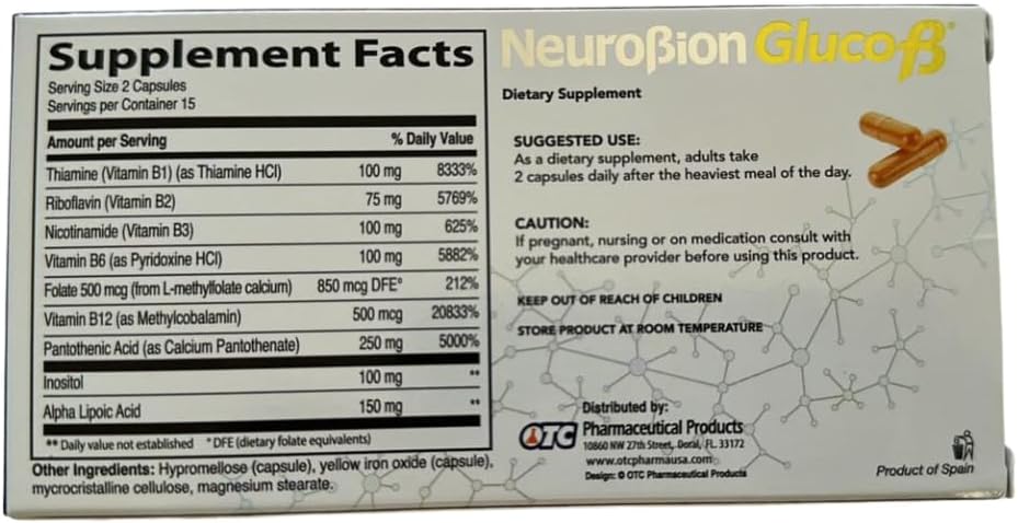 Neurobion Gluco B con Acido Alfa Lipoico Suplemento Dietético Complejo B con Ácido Alfa Lipoico, Complejo B 30 Cápsulas