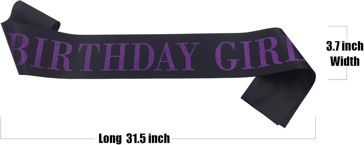 Banda de cumpleaños para mujer, banda de satén negro con purpurina morada, decoraciones de fiesta de princesa de feliz cumpleaños, suministros de