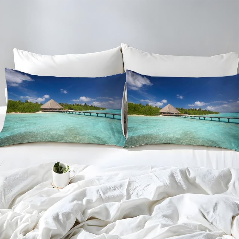 Azure Beach – Juego de funda de edredón con estampado de vista completa, funda de edredón de microfibra suave y 2 fundas de almohada de 20 x 26