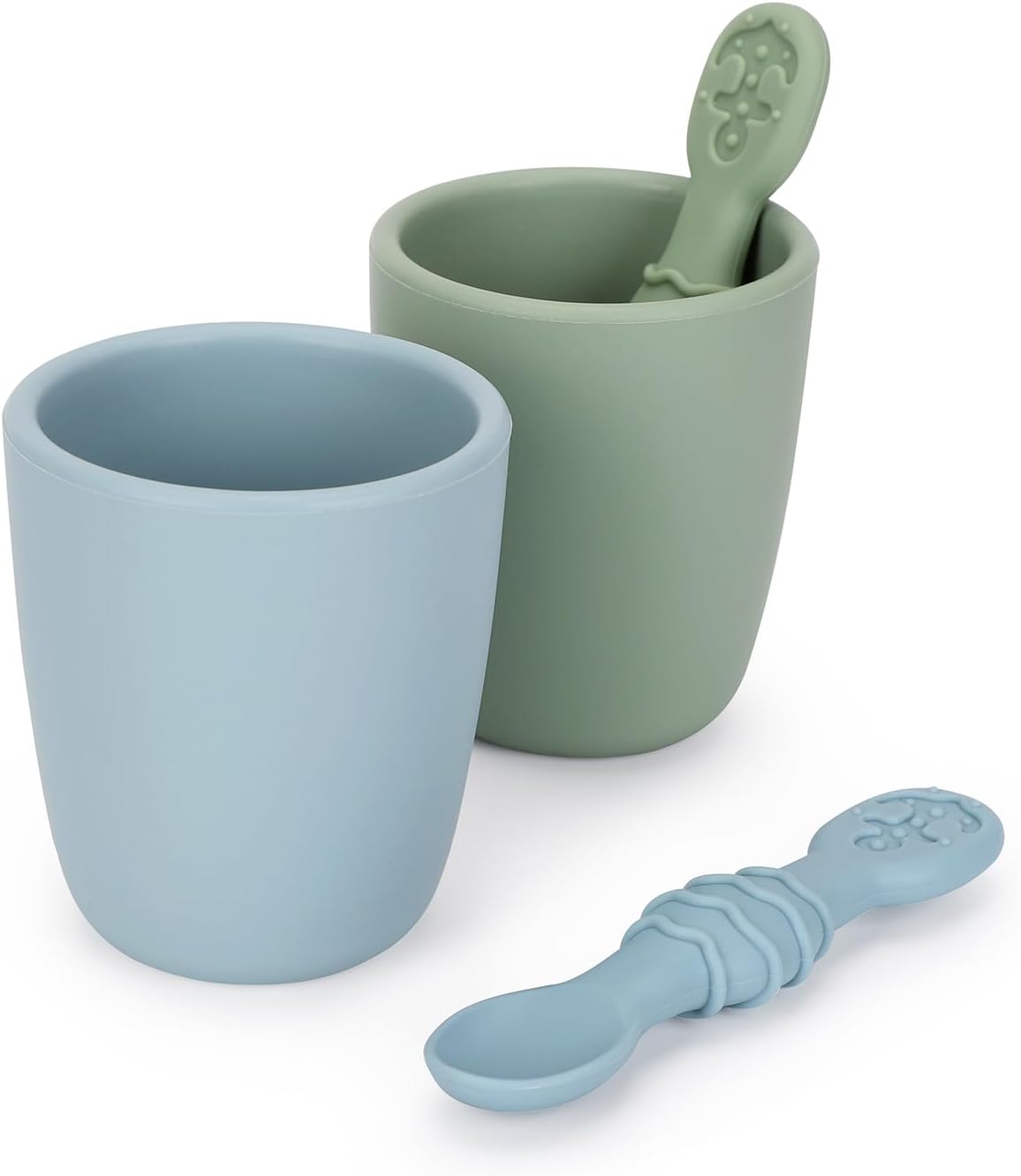 Utensilios de silicona para bebés de 6 a 12 meses, cucharas de entrenamiento de silicona suave y taza de entrenamiento pequeña de 4 onzas para