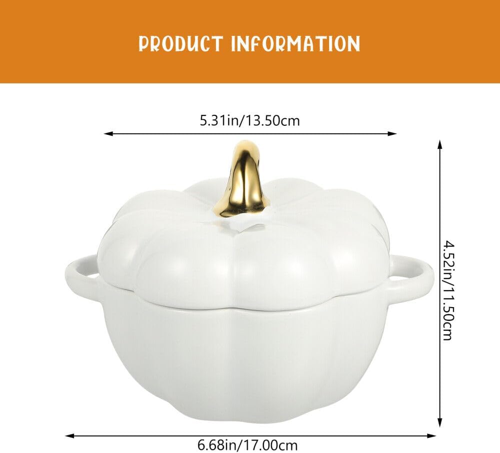 Cuenco de sopa de calabaza de cerámica con tapa, plato de calabaza plato de sopa de cereales de cerámica con tapa, vajilla creativa de moda (blanco)