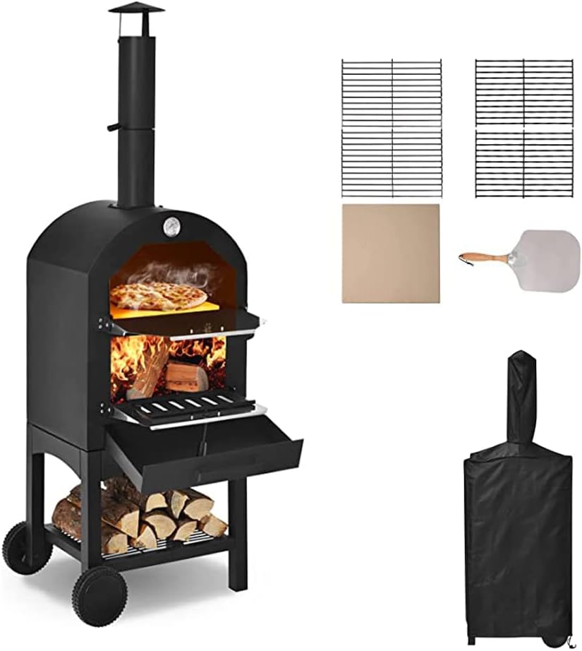 Horno de pizza al aire libre, horno de pizza de leña para exterior, horno de acero independiente con 2 ruedas, ideal para barbacoa, camping, fiesta