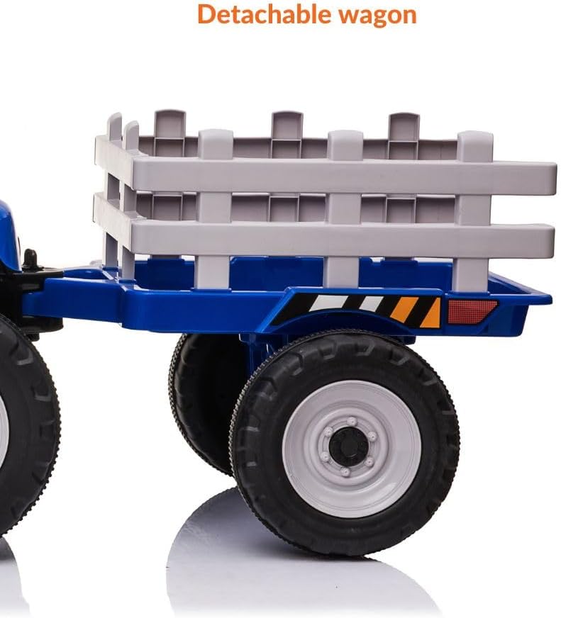 Tractor de paseo para niños con remolque, 12 V, divertidas luces LED, audio USB, música, cambio de 3 velocidades y cinturón de seguridad, perfecto