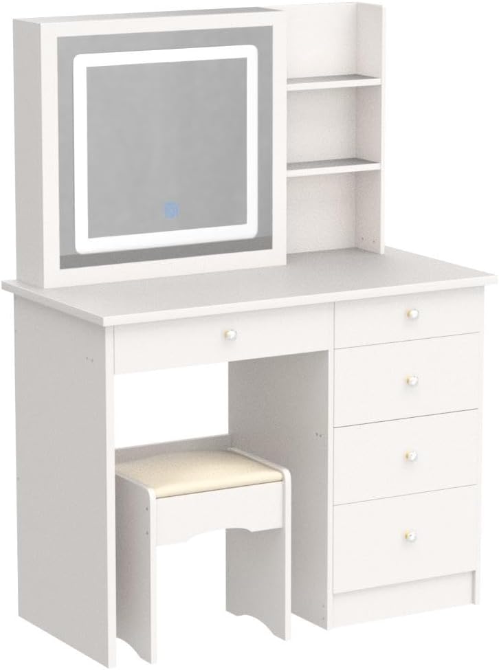 Hitow Juego de escritorio con espejo iluminado deslizante, tocador de maquillaje con cajón y estante, tocador con taburete acolchado y