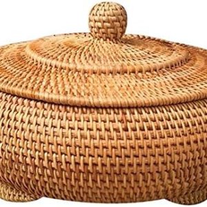 Cajas redondas de ratán con tapa, bandeja de mimbre multiusos tejida a mano de 8.6 pulgadas, cesta de almacenamiento para mesa de pan de comida de Cajas redondas de ratán con tapa, bandeja de mimbre multiusos tejida a mano de 8.6 pulgadas, cesta de almacenamiento para mesa de pan de comida de