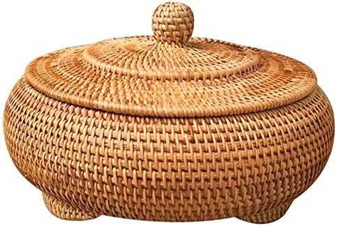 Cajas redondas de ratán con tapa, bandeja de mimbre multiusos tejida a mano de 8.6 pulgadas, cesta de almacenamiento para mesa de pan de comida de