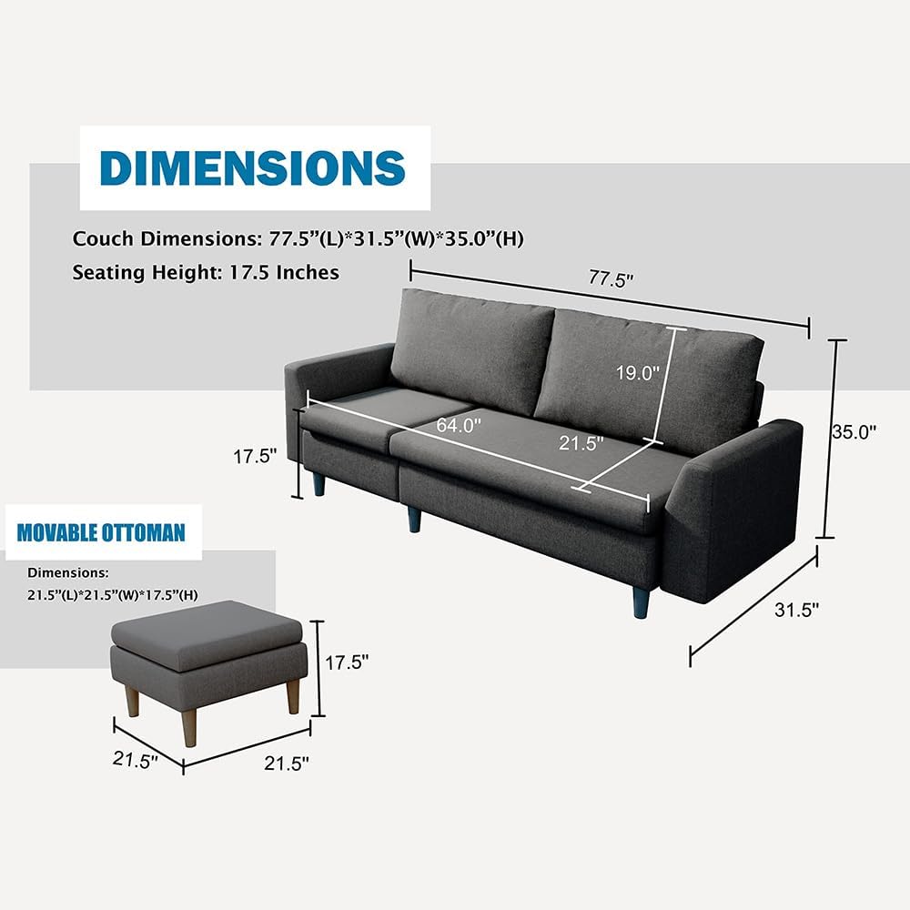 Sofá modular en forma de L para sala de estar, sofá de 3 asientos con diván reversible de 77.5 pulgadas, sofá seccional convertible (gris)