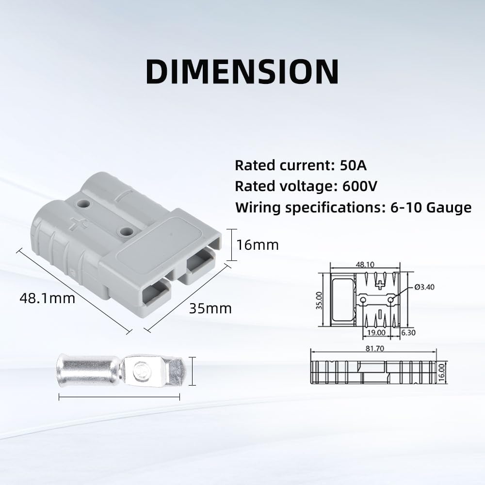 8 piezas 6-10 calibre Anderson conector conector 50A 12-36V batería conector rápido gris batería de desconexión rápida arnés de cable kit de enchufe