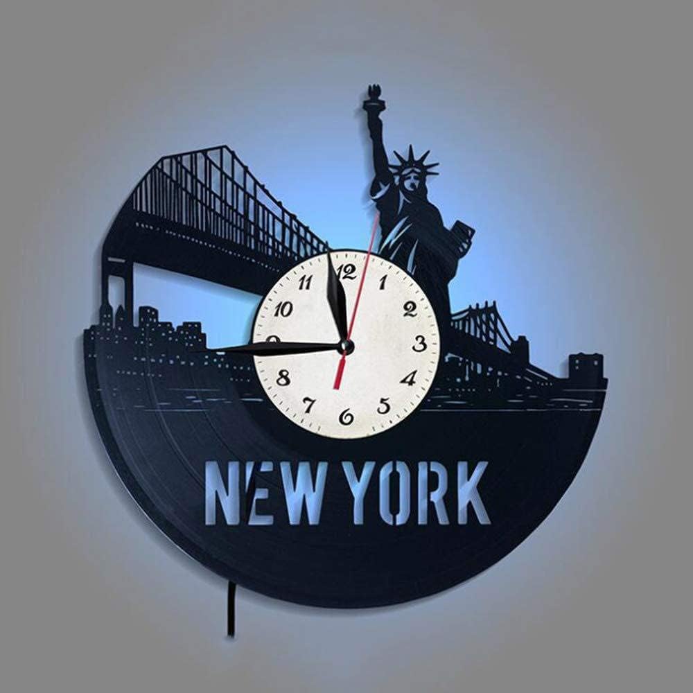 Reloj de pared con disco de vinilo de la ciudad de Nueva York, regalos de decoración de 7 colores, luz nocturna