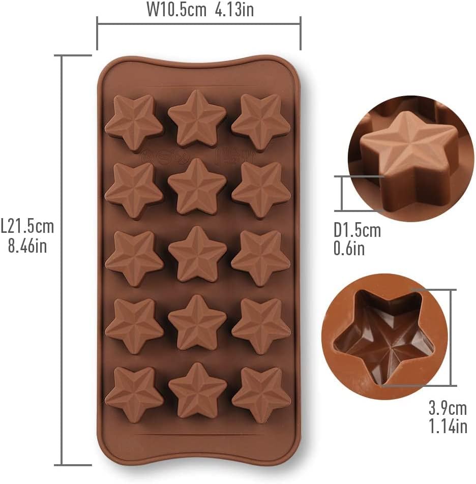 Molde de silicona con forma de estrella, molde antiadherente para chocolate, 2 unidades, 15 cavidades para dulces, postres, gelatina, cubitos de