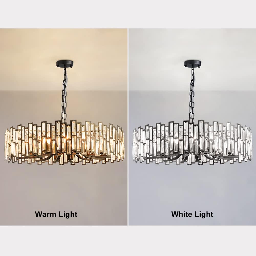 LOVEDIMA Candelabro negro, cristal redondo de 10 luces de altura ajustable para comedor, dormitorio, sala de estar, vestíbulo, isla de cocina