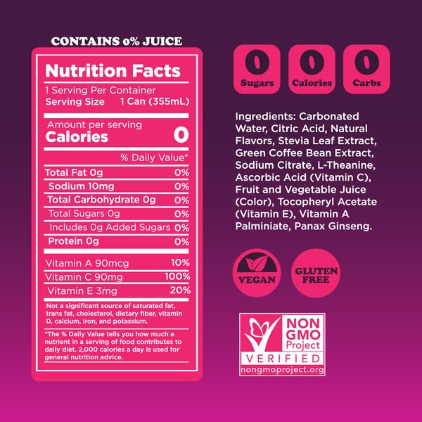 FEEL Zero Sugar – Bebidas energéticas naturales, granada de mora espumosa, bebidas energéticas saludables, L-teanina para la concentración, vitamina
