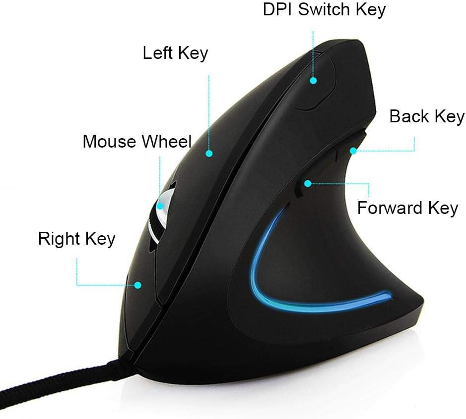 Sanpyl Ratón óptico vertical 6D, diseño ergonómico, 800120020003200 DPI USB LED ajustable, ratones para juegos con cable, para Windows