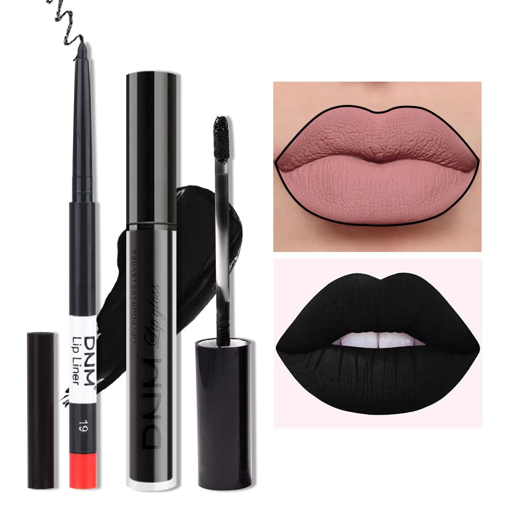AMY’S DIARY Juego de 2 delineadores de labios y lápiz labial negro mate, delineador de labios negros de larga duración, impermeable, juego de lápiz