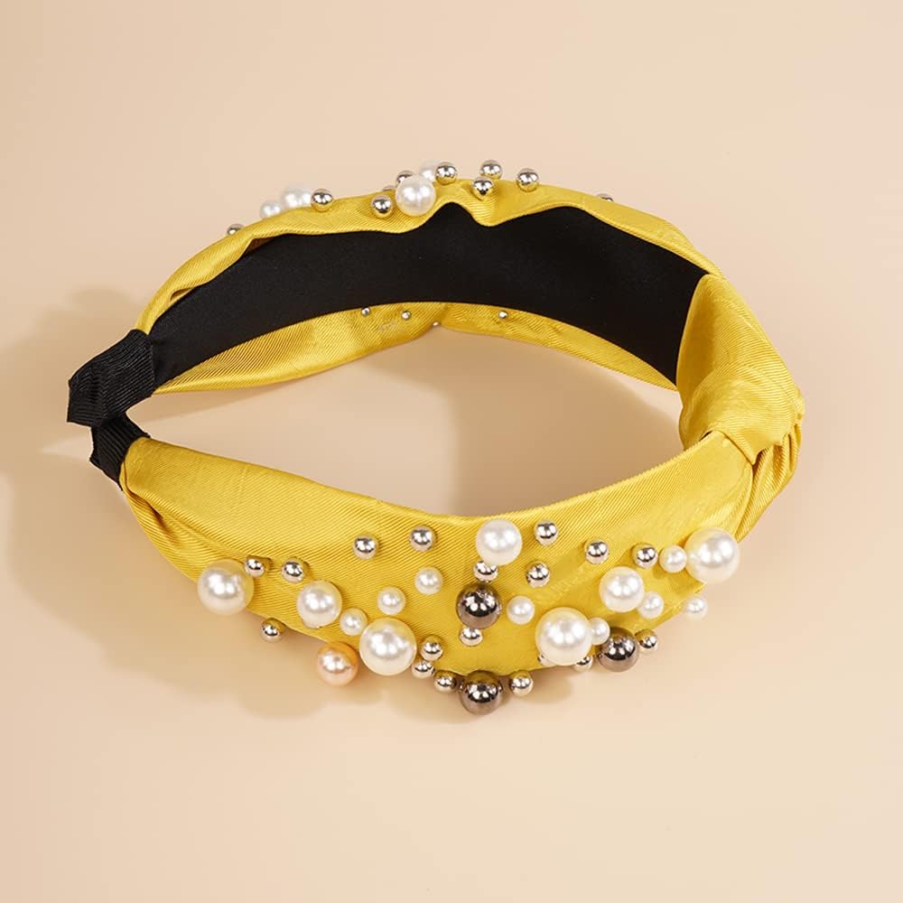 Diademas anudadas de perlas para mujer, diadema ancha de perlas anchas para la cabeza, accesorios para el cabello bohemios (amarillo)