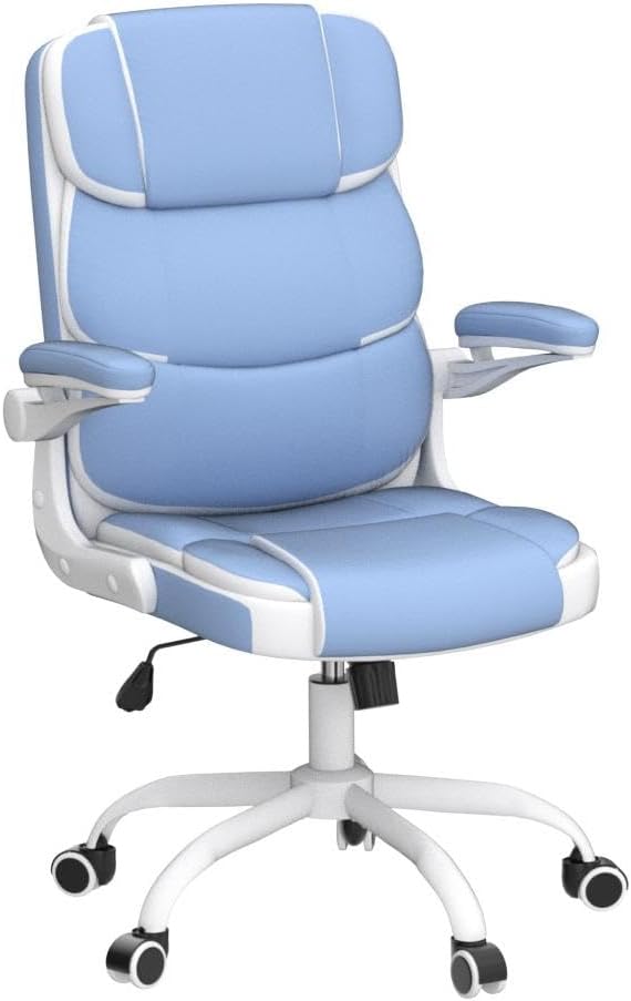 SEATZONE Silla de oficina azul ergonómica de cuero ejecutivo silla de escritorio pequeña linda silla de trabajo rodante para adolescentes y adultos