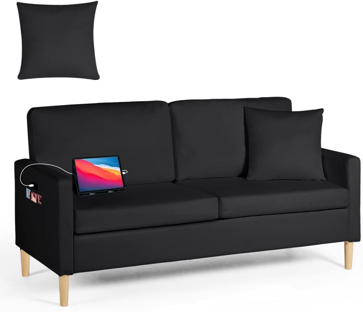 AILEEKISS Sofá biplaza de 66 pulgadas de ancho con 2 asientos USB de mediados de siglo, muebles de piel sintética, tapizado, sofá biplaza para sala