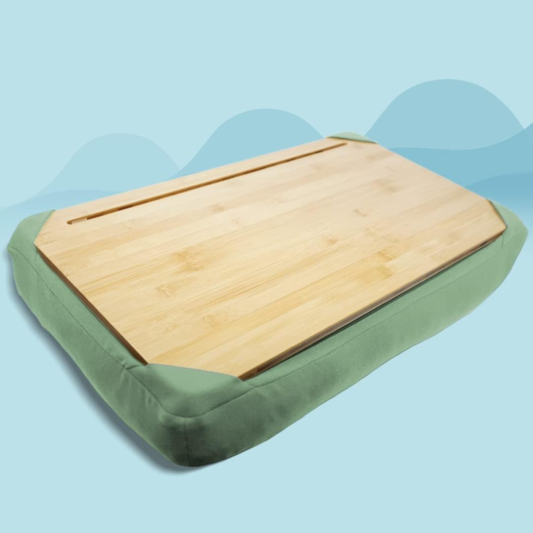 Yogibo Traybo Pro – Escritorio de regazo para laptop con cojín y almohada para dormir, bandeja superior de bambú con estación de trabajo para