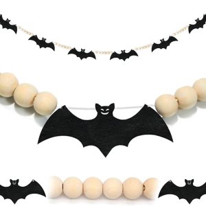 Guirnalda de murciélagos para decoración de Halloween para interiores y exteriores, cuentas de fieltro, murciélagos de madera, guirnalda de cuentas Guirnalda de murciélagos para decoración de Halloween para interiores y exteriores, cuentas de fieltro, murciélagos de madera, guirnalda de cuentas