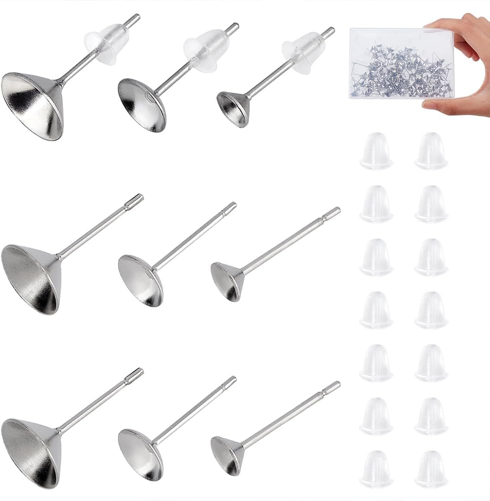 DICOSMETIC 300 aretes de 3 tamaños, 3 tamaños, diamantes de imitación de acero inoxidable, cabujones, aretes de tuerca en blanco con 350 tuercas de