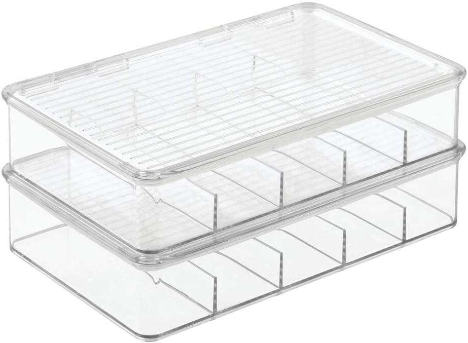 mDesign Caja organizadora apilable de plástico dividida para cabello, maquillaje y joyas con tapa de bisagra para encimera de tocador de baño, 5