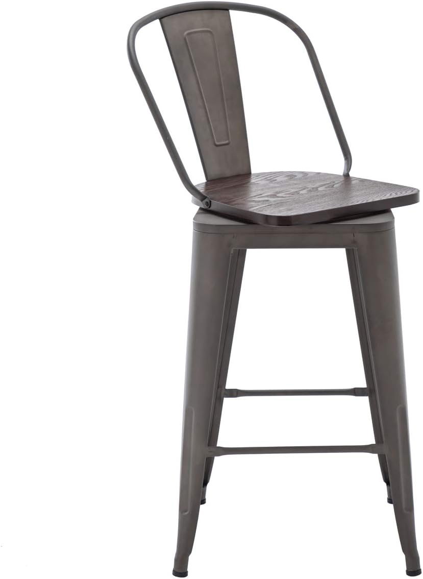 Yongqiang Juego de 4 taburetes de bar giratorios de 24 pulgadas con respaldo alto de metal con asiento de madera, sillas de bar industriales oxidadas