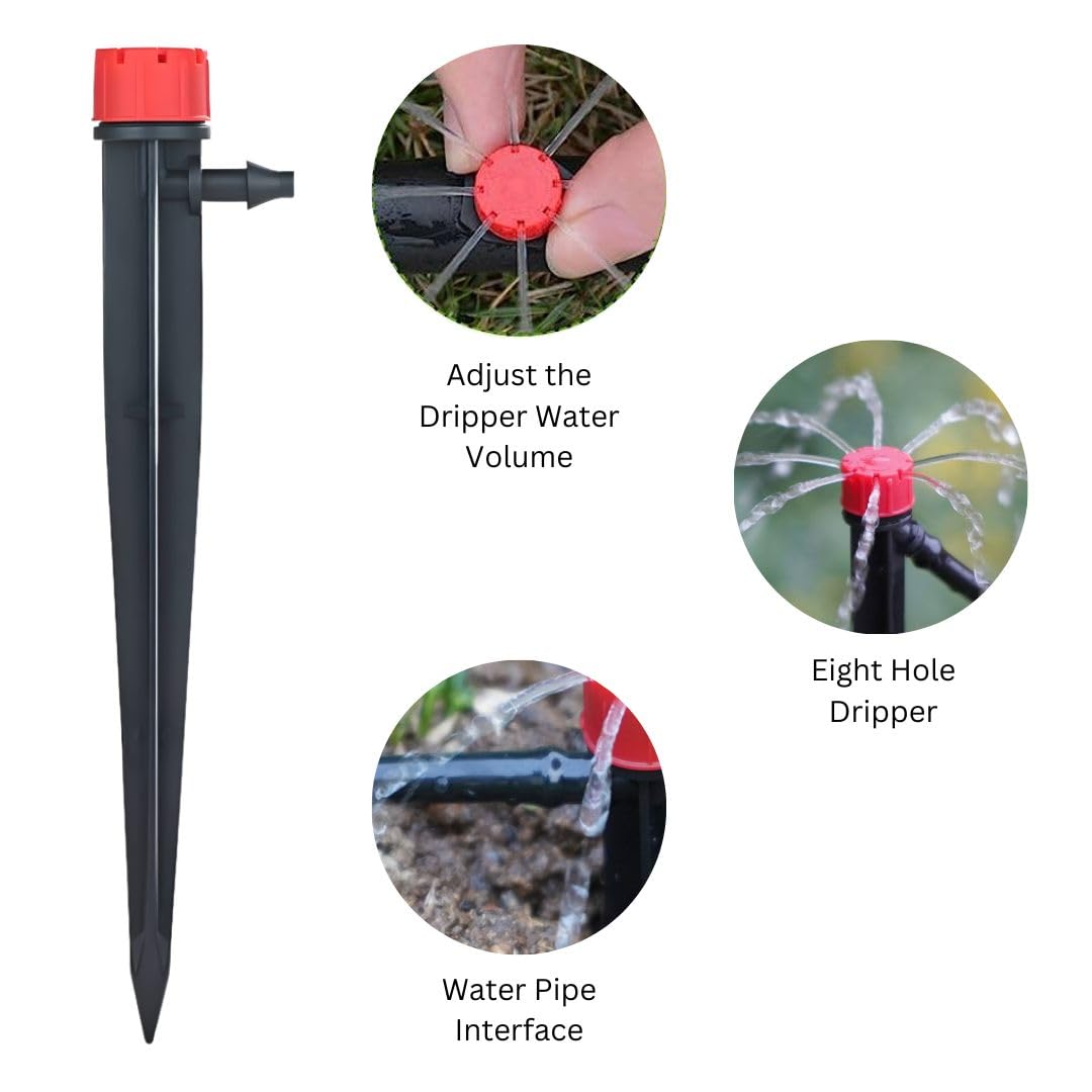 Emisores de goteo para tubo de riego por goteo de 14 de pulgada (0.157-0.276 in), goteros de flujo de agua ajustables de 360 grados en estaca de