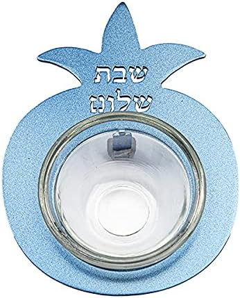 Yair Emanuel – Cuenco de vidrio para servir miel para Shabat y Rosh Hashanah, soporte de granada de metal (azul HDC-4C)