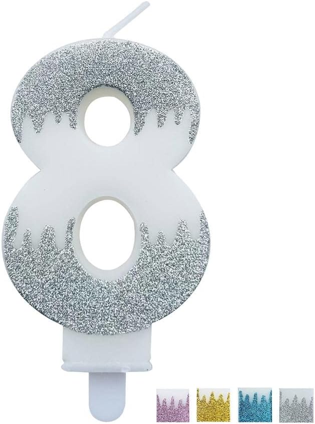 Slivery – Vela de cumpleaños número 8, vela plateada con purpurina para niños, adultos, decoración de pastel para cualquier celebración