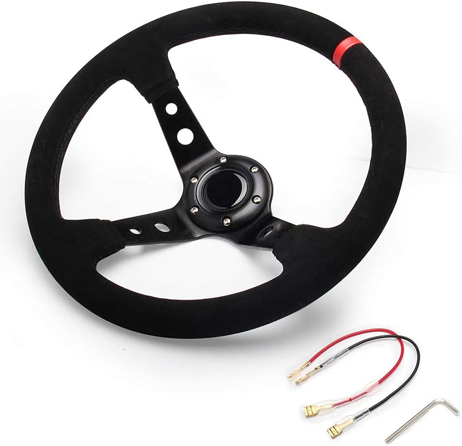 Volante de 14 pulgadas de profundidad de 13.780 in, plato de 6 pernos para volante de carreras deportivas, botón de cuerno de gamuza incluido EE.