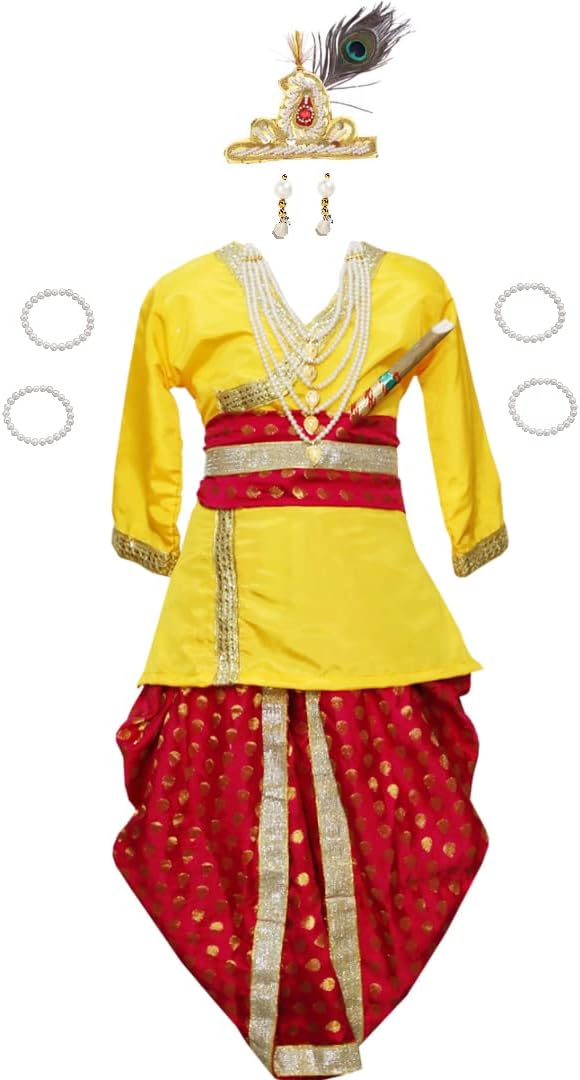 ITSMYCOSTUME Krishna – Vestido para bebés y niños, conjunto de Dhoti Kurta con accesorios completos, disfraz de Kanha para niños y niños
