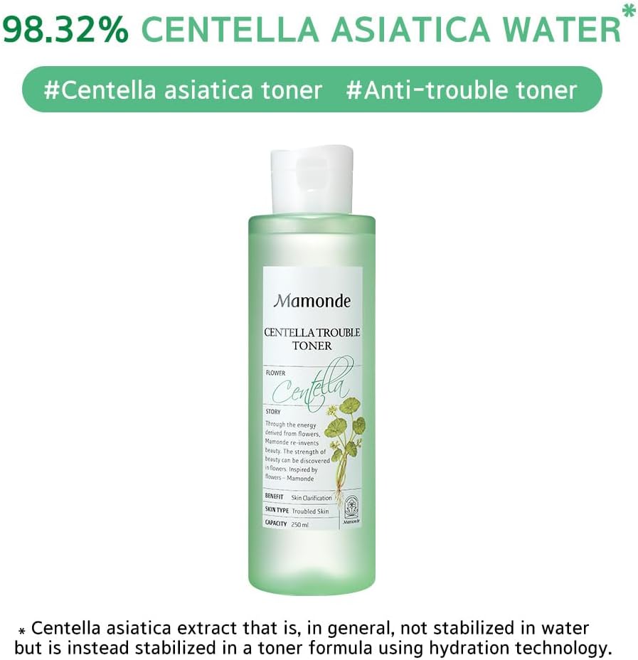 Mamonde Centella Asiatica – Tónico vegano facial para pieles problemáticas, piel irritada calmante, 98.32% de agua centella asiática y BHA para