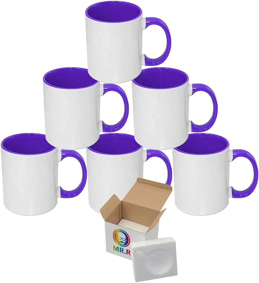 MR.R Tazas de café en blanco de sublimación de 11 onzas, taza blanca con taza de color morado interior y asa, juego de 6
